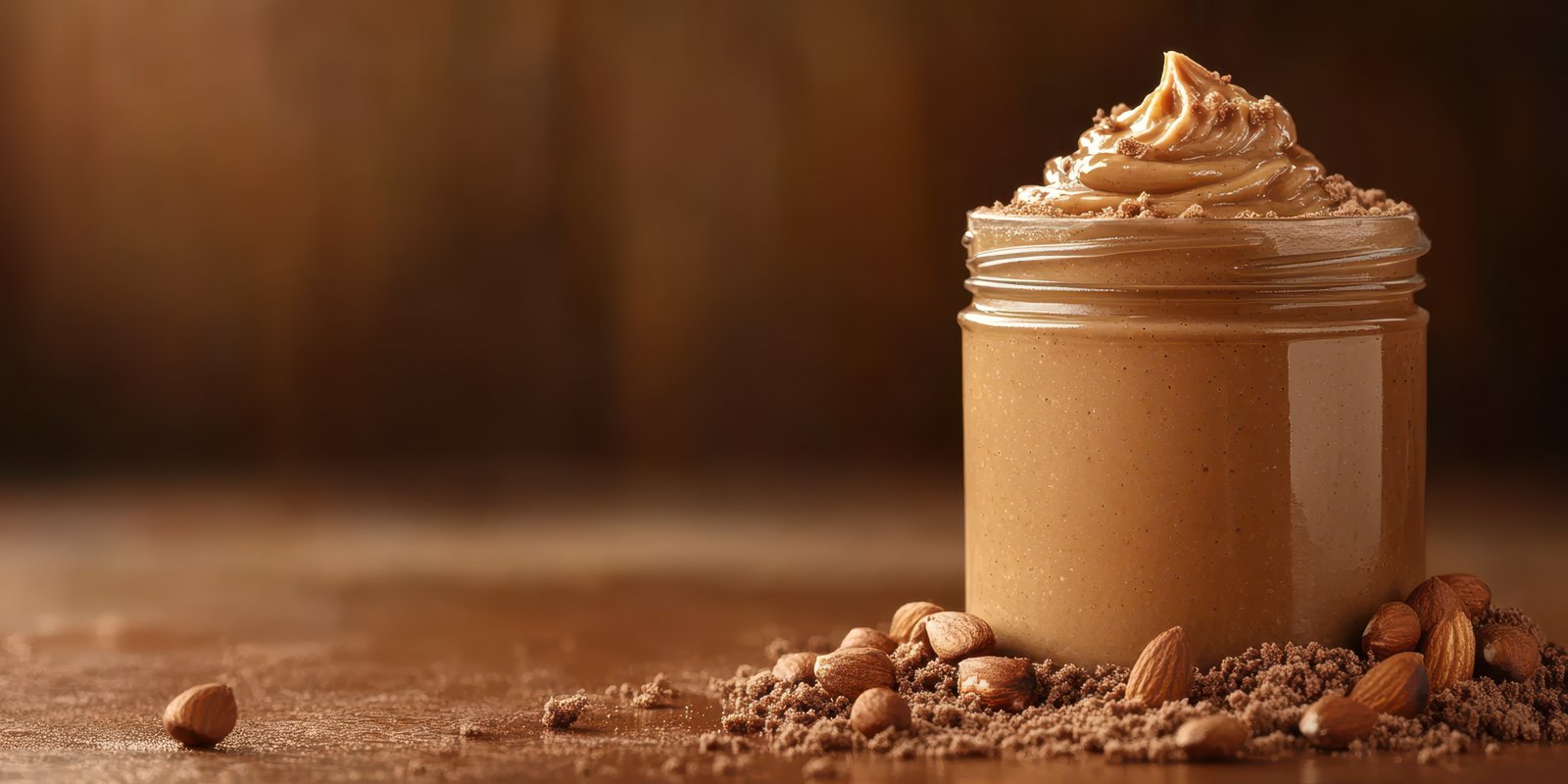 Creamy nut butter in a jar surrounded by whole nuts on a dark wooden surface, showcasing a luscious texture and rich flavor